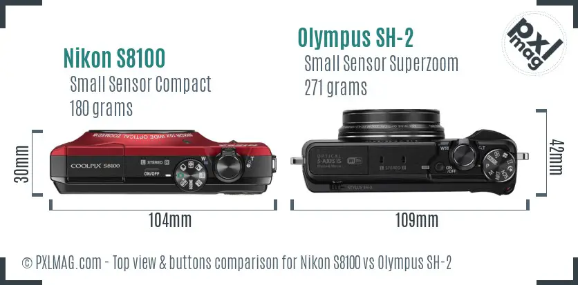 Nikon S8100 vs Olympus SH-2 top view buttons comparison Nikon S8100 vs Olympus SH-2 top view buttons comparison