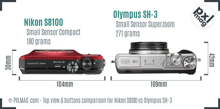 Nikon S8100 vs Olympus SH-3 top view buttons comparison