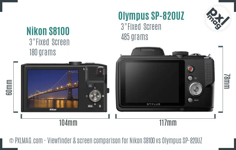 Nikon S8100 vs Olympus SP-820UZ Screen and Viewfinder comparison