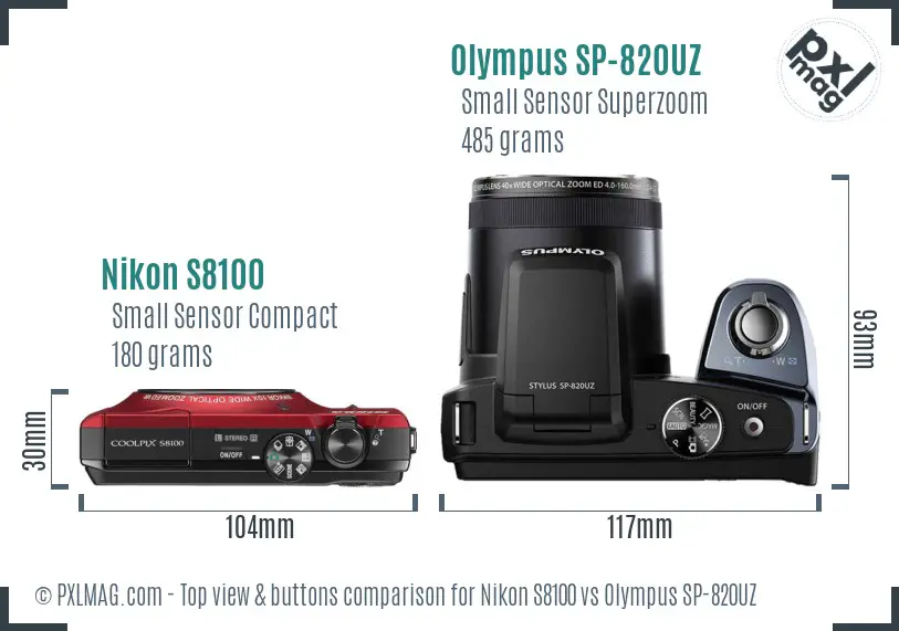 Nikon S8100 vs Olympus SP-820UZ top view buttons comparison