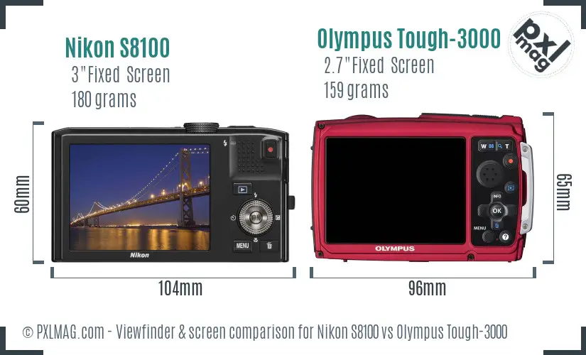 Nikon S8100 vs Olympus Tough-3000 Screen and Viewfinder comparison