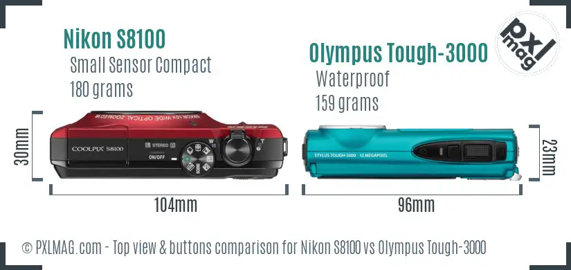 Nikon S8100 vs Olympus Tough-3000 top view buttons comparison