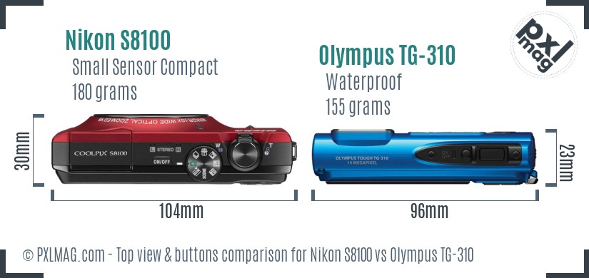 Nikon S8100 vs Olympus TG-310 top view buttons comparison