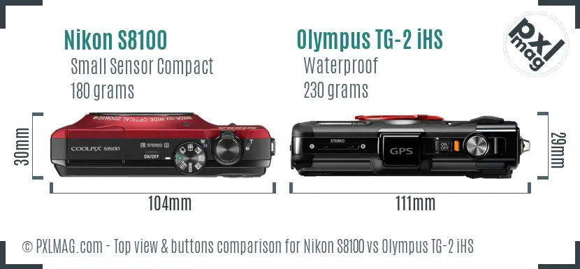 Nikon S8100 vs Olympus TG-2 iHS top view buttons comparison Nikon S8100 vs Olympus TG-2 iHS top view buttons comparison