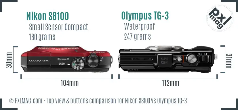 Nikon S8100 vs Olympus TG-3 top view buttons comparison