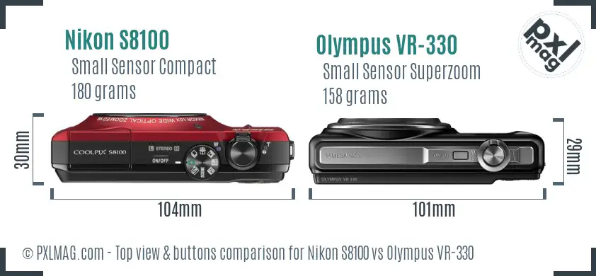 Nikon S8100 vs Olympus VR-330 top view buttons comparison Nikon S8100 vs Olympus VR-330 top view buttons comparison