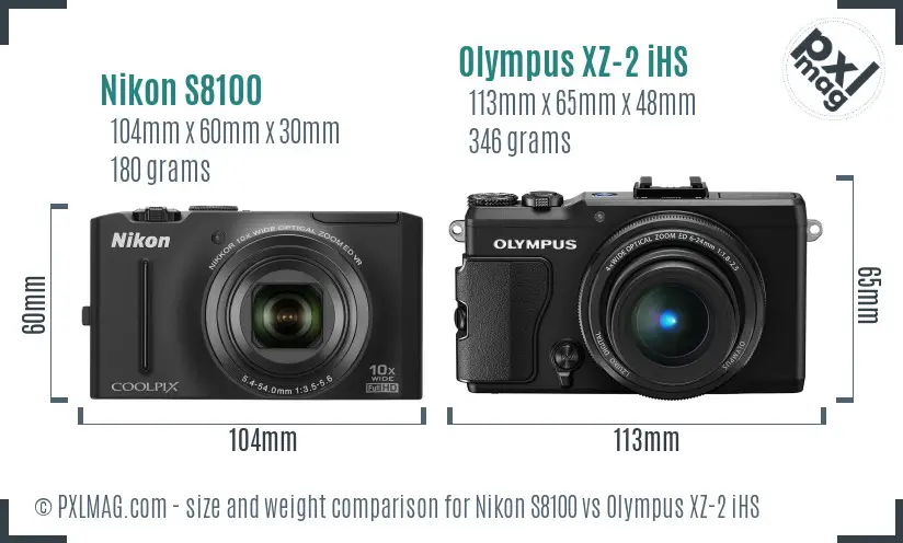 Nikon S8100 vs Olympus XZ-2 iHS size comparison