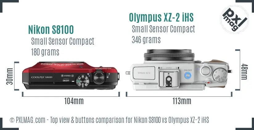 Nikon S8100 vs Olympus XZ-2 iHS top view buttons comparison