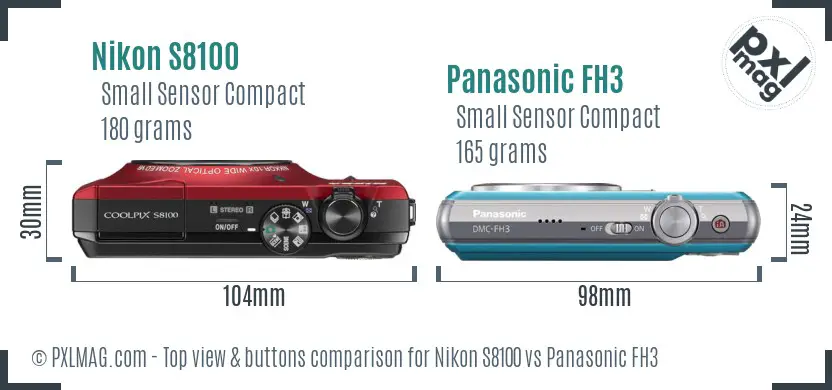 Nikon S8100 vs Panasonic FH3 top view buttons comparison