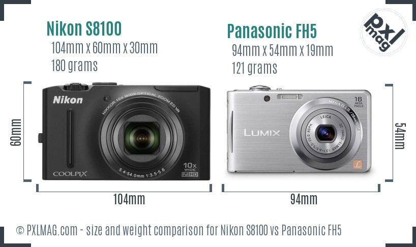 Nikon S8100 vs Panasonic FH5 size comparison