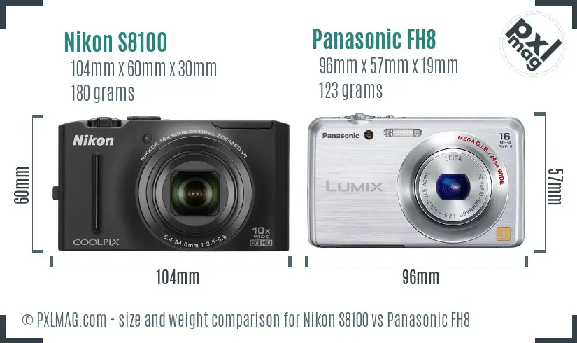 Nikon S8100 vs Panasonic FH8 size comparison