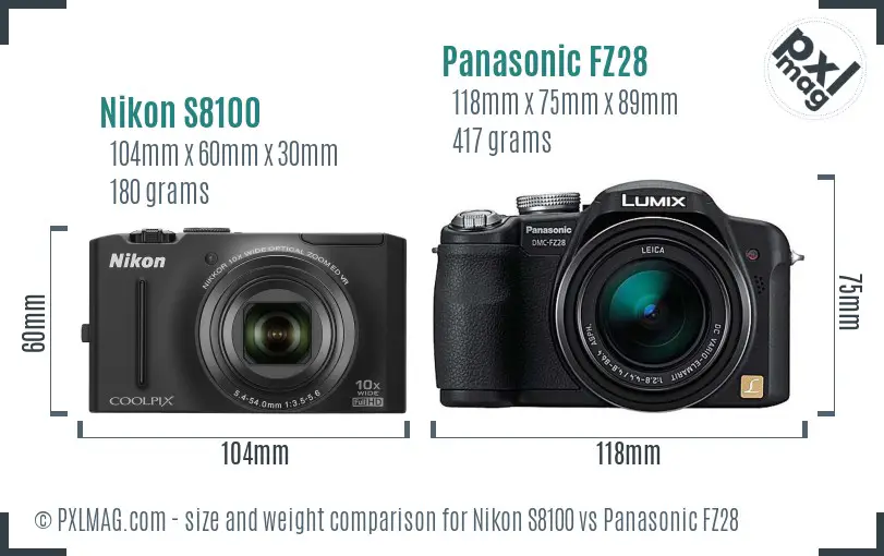 Nikon S8100 vs Panasonic FZ28 size comparison Nikon S8100 vs Panasonic FZ28 size comparison