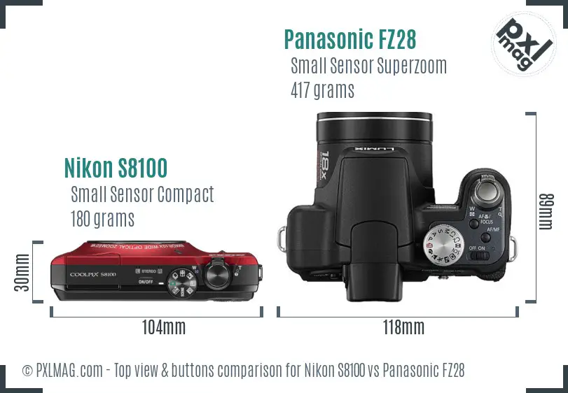 Nikon S8100 vs Panasonic FZ28 top view buttons comparison Nikon S8100 vs Panasonic FZ28 top view buttons comparison
