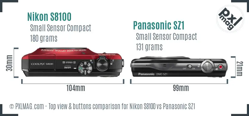 Nikon S8100 vs Panasonic SZ1 top view buttons comparison Nikon S8100 vs Panasonic SZ1 top view buttons comparison