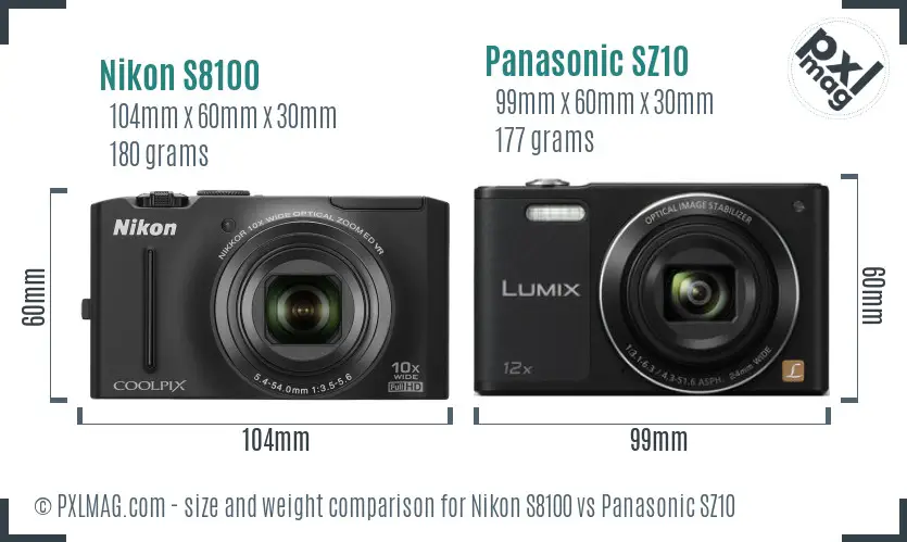 Nikon S8100 vs Panasonic SZ10 size comparison
