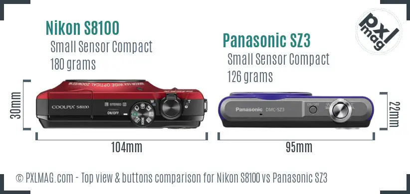 Nikon S8100 vs Panasonic SZ3 top view buttons comparison Nikon S8100 vs Panasonic SZ3 top view buttons comparison