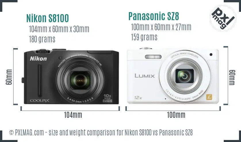 Nikon S8100 vs Panasonic SZ8 size comparison
