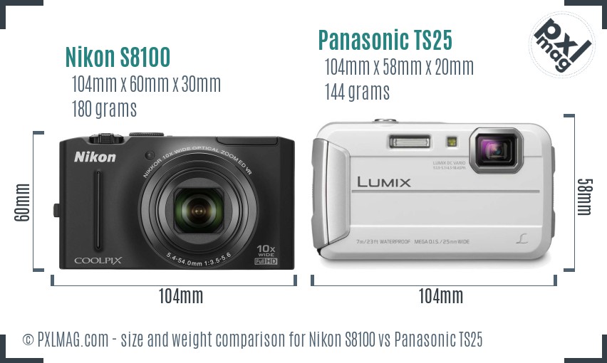 Nikon S8100 vs Panasonic TS25 size comparison