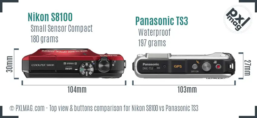 Nikon S8100 vs Panasonic TS3 top view buttons comparison