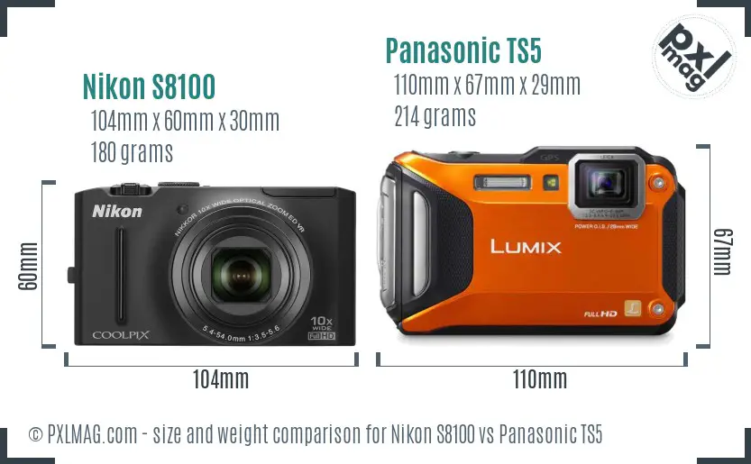 Nikon S8100 vs Panasonic TS5 size comparison