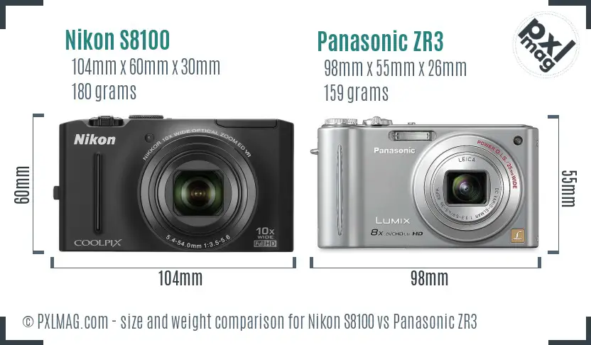 Nikon S8100 vs Panasonic ZR3 size comparison Nikon S8100 vs Panasonic ZR3 size comparison