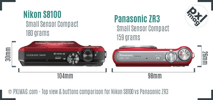 Nikon S8100 vs Panasonic ZR3 top view buttons comparison Nikon S8100 vs Panasonic ZR3 top view buttons comparison