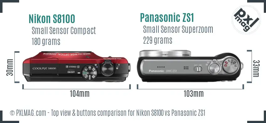 Nikon S8100 vs Panasonic ZS1 top view buttons comparison Nikon S8100 vs Panasonic ZS1 top view buttons comparison