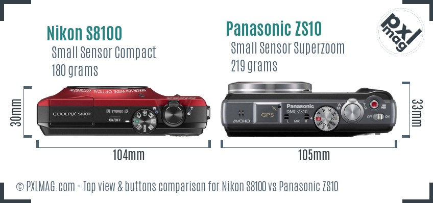 Nikon S8100 vs Panasonic ZS10 top view buttons comparison