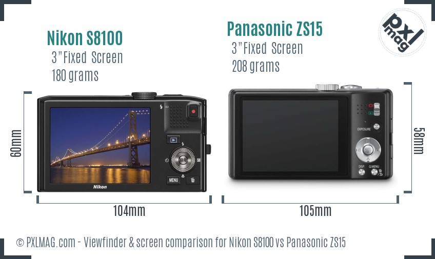 Nikon S8100 vs Panasonic ZS15 Screen and Viewfinder comparison