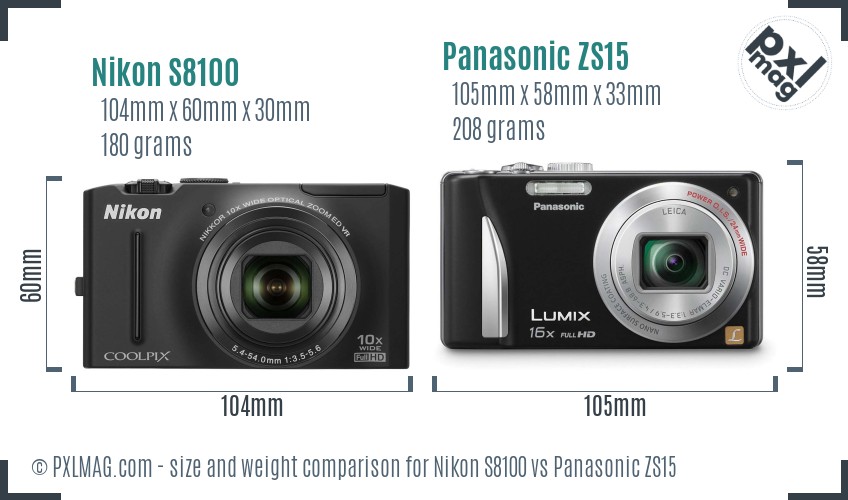 Nikon S8100 vs Panasonic ZS15 size comparison
