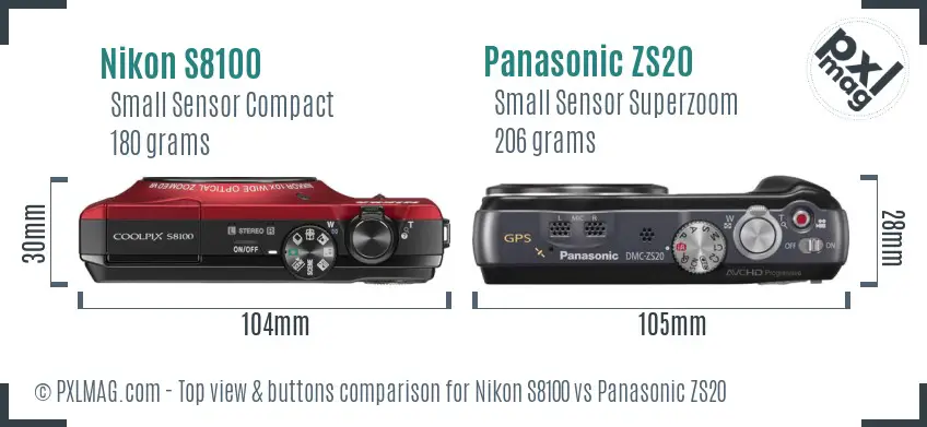 Nikon S8100 vs Panasonic ZS20 top view buttons comparison