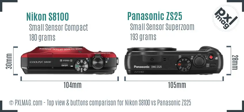Nikon S8100 vs Panasonic ZS25 top view buttons comparison Nikon S8100 vs Panasonic ZS25 top view buttons comparison