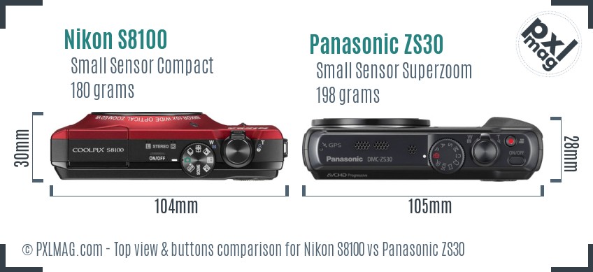 Nikon S8100 vs Panasonic ZS30 top view buttons comparison