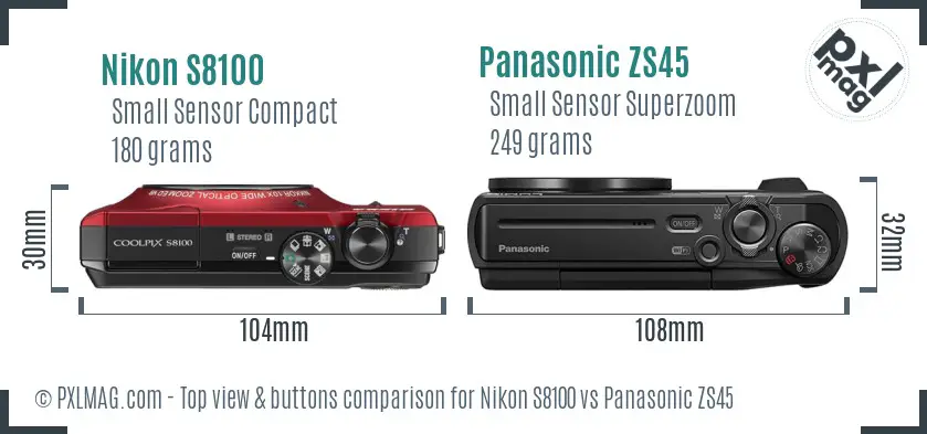 Nikon S8100 vs Panasonic ZS45 top view buttons comparison