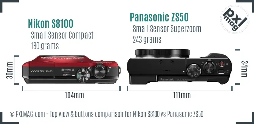 Nikon S8100 vs Panasonic ZS50 top view buttons comparison