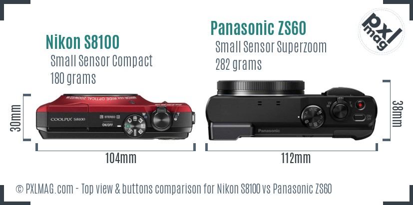 Nikon S8100 vs Panasonic ZS60 top view buttons comparison