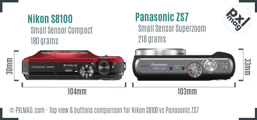 Nikon S8100 vs Panasonic ZS7 top view buttons comparison