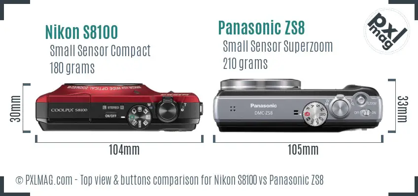 Nikon S8100 vs Panasonic ZS8 top view buttons comparison