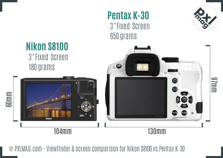 Nikon S8100 vs Pentax K-30 Screen and Viewfinder comparison