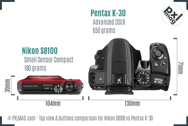 Nikon S8100 vs Pentax K-30 top view buttons comparison