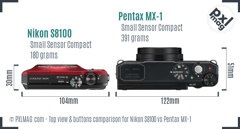 Nikon S8100 vs Pentax MX-1 top view buttons comparison