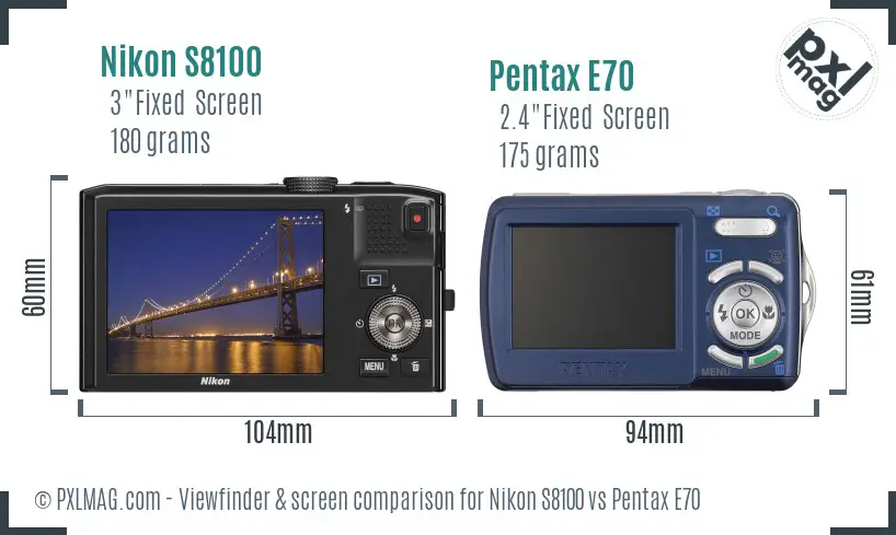 Nikon S8100 vs Pentax E70 Screen and Viewfinder comparison