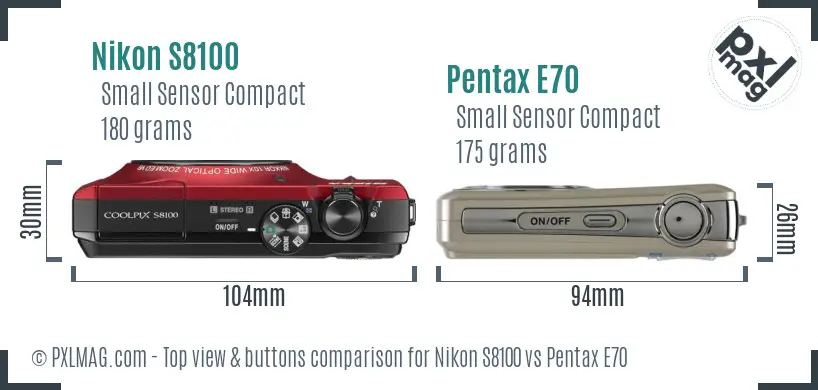 Nikon S8100 vs Pentax E70 top view buttons comparison