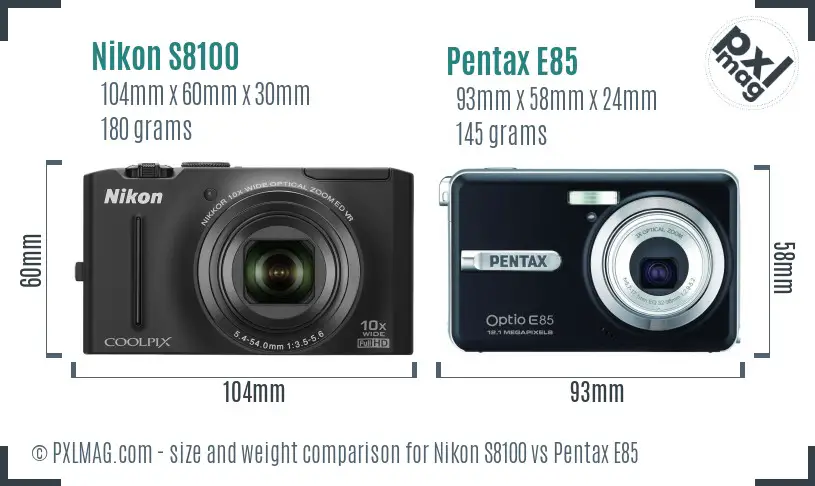 Nikon S8100 vs Pentax E85 size comparison