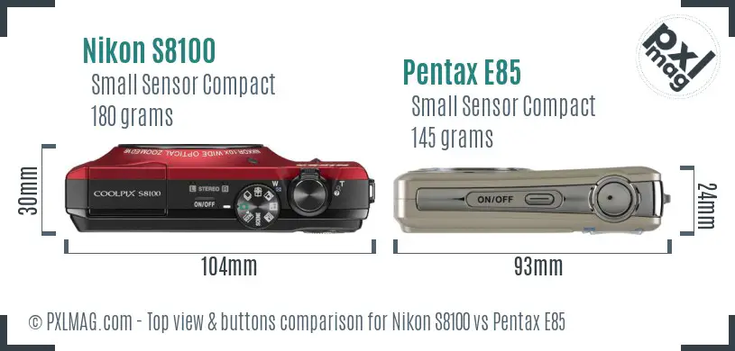 Nikon S8100 vs Pentax E85 top view buttons comparison