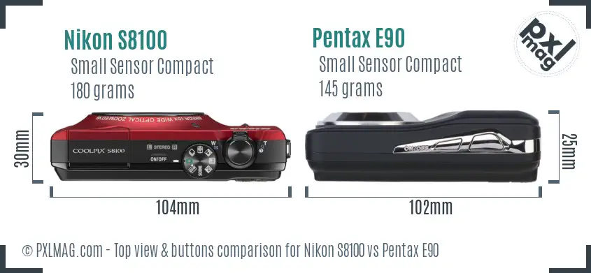Nikon S8100 vs Pentax E90 top view buttons comparison