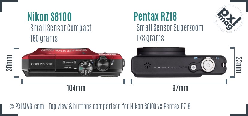 Nikon S8100 vs Pentax RZ18 top view buttons comparison