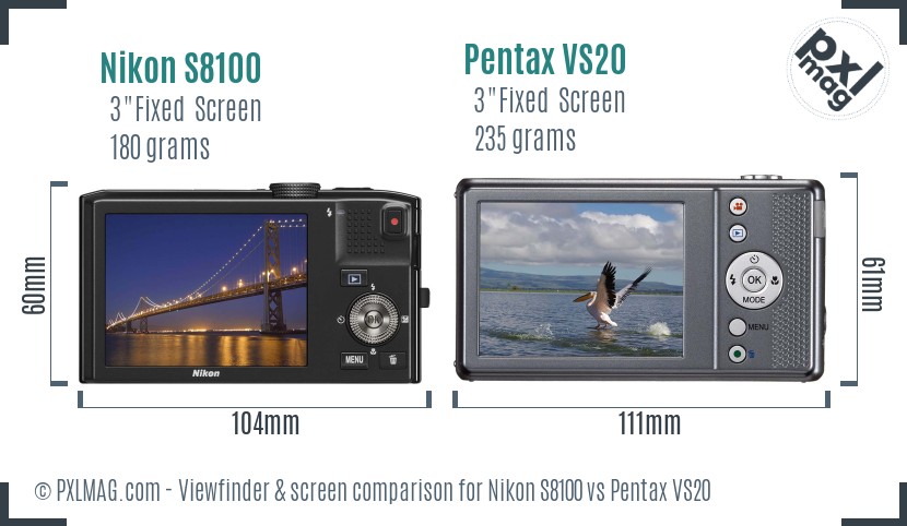 Nikon S8100 vs Pentax VS20 Screen and Viewfinder comparison