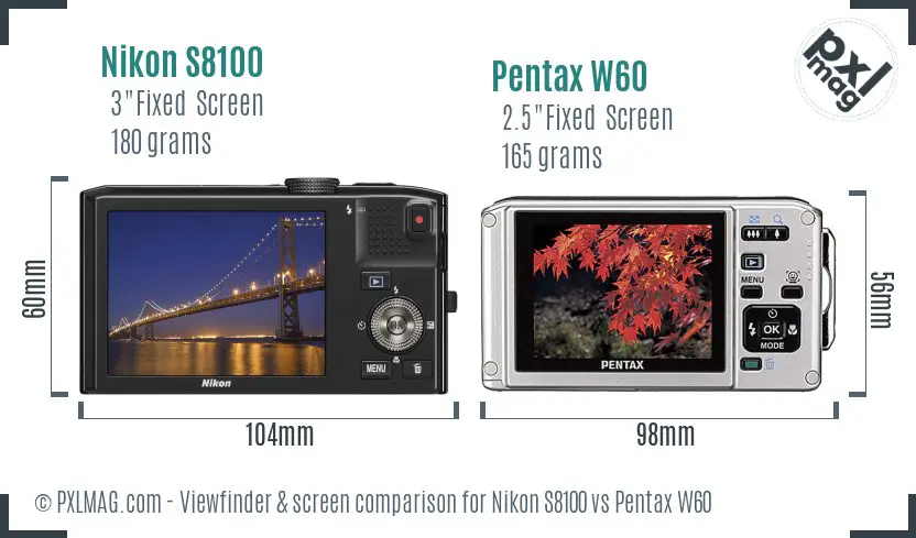 Nikon S8100 vs Pentax W60 Screen and Viewfinder comparison