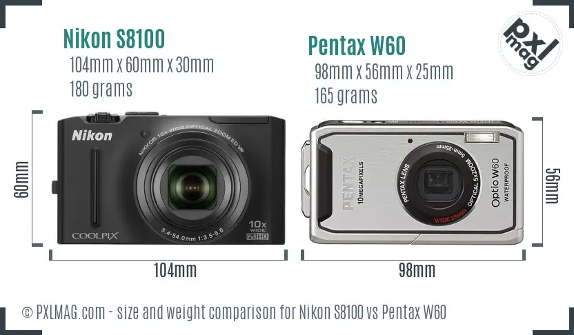 Nikon S8100 vs Pentax W60 size comparison